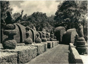 Upon returning from the war, Harvey Ladew chose to pursue his passions over working in the family business. His love of fox hunting led him to purchase a 250 acre farm in Monkton, Maryland. Extensive renovation of the home and grounds of his "Pleasant Valley Farm"  would culminate in an elaborate 22 acre topiary garden there, considered among the finest in the world. Topiary designs included a pack of hounds chasing a fox, Churchill's top hat, and a mounted fox hunter jumping a hedge. Whimsical structures and sculptures dot the park.